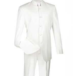 Sharp White Mandarin Banded Collar Nehru Suit